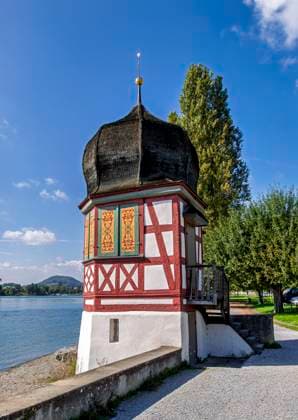 Small historic tower Onion Tower on the banks of the Rhine in Stein am Rhein, Canton Schaffhausen, Switzerland, Europe Small historic tower Onion Tower on the banks of the Rhine in Stein am Rhein, Canton Schaffhausen, Switzerland