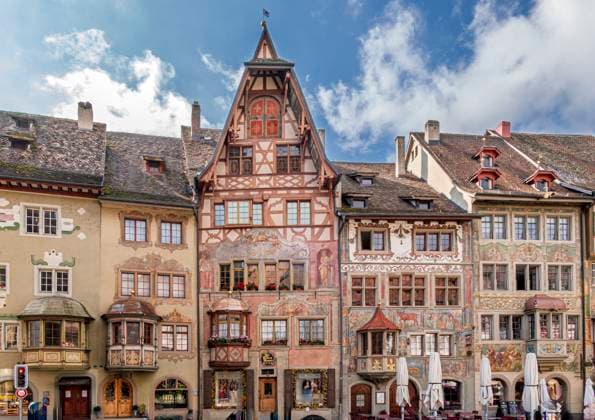Historic buildings in the old town of Stein am Rhein, Canton of Schaffhausen, Switzerland, Europe Historic buildings in the old town of Stein am Rhein, Canton of Schaffhausen, Switzerland