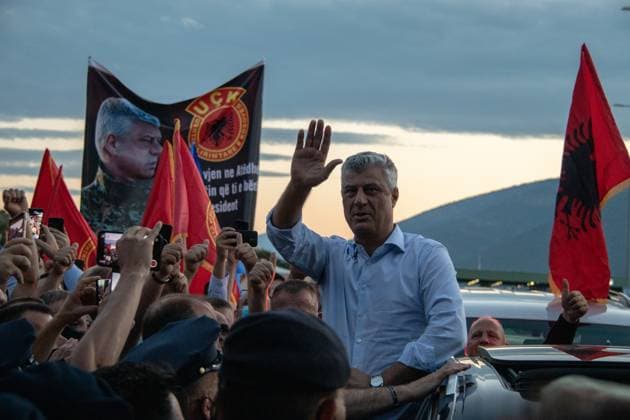 President of Kosovo Hashim Thaci welcomed back in country VERMICE, KOSOVO - JULY 17: Cheering Kosovans welcome Kosovo President Hashim Thaci after his return from The Hague where he was questioned by Specialist Prosecutor’s Office for Kosovo, for four days, on July 17, 2020 in Vermice, Kosovo. Prosecutors in The Hague filed an indictment against Hashim Thaci for crimes against humanity and war crimes during Kosovo’s 1998-99 war with Serbia. Kosova World. Editorial use only. Please get in touch for any other usage.  Copyright: x2025xAnadoluxErenxBeksacx