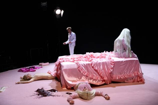 Ruth Rosenfeld, Holger Bülow and Alina Stiegler, from left, during the photo rehearsal for Call me Paris at the Schaubühne am Lehniner Platz in Berlin, October 28, 2025 Play and direction Yana Eva Thönnes Stage Katharina Pia Schütz Costumes Elke von Sievers Premiere is on October 29, 2025 Schaubühne Berlin Call me Paris