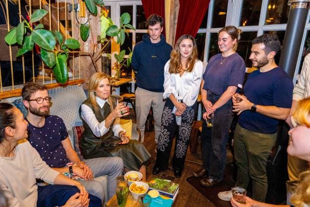 Amsterdam, The Netherlands, 2025-11-03 20:42:43 AMSTERDAM, 03-11-2025, The Offline Club. Queen Maxima during a visit to The Offline Club in Amsterdam. The Offline Club is a social enterprise focused on fostering genuine, personal connections in a time when screens and digital distractions are playing an increasingly important role. PHOTO: NLBeeld Patrick van Emst Credit: NL Beeld Patrick van Emst  Copyright: xx x