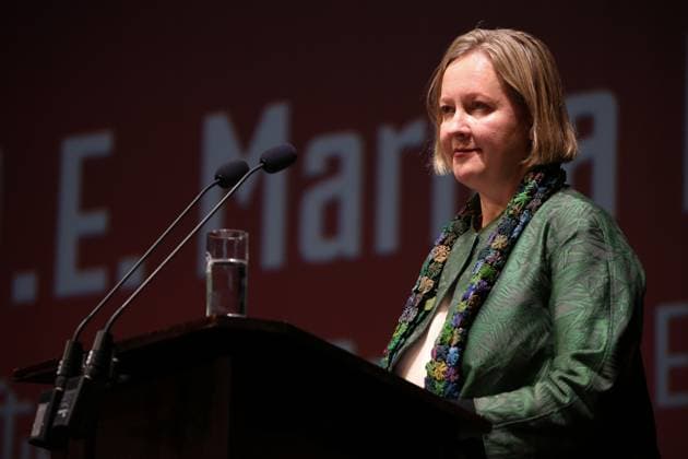 November 4, 2025, Cottbus, Brandenburg, Germany: Ambassador of Estonia, MARIKA LINNTAM (C), speaks during the opening ceremony of the 35th FilmFestival Cottbus (FFC) at the Staatstheater Cottbus, one of the leading events dedicated to Eastern European cinema. The 2025 edition runs from November 4 to 9, presenting around 140 films from more than 40 countries. Held in Cottbus, a bilingual German-Sorbian city near the Polish border, the festival brings together filmmakers, industry representatives, and audiences to celebrate cultural diversity and promote Central and Eastern European cinema. Cottbus Germany - ZUMAf146 20251104_zip_f146_016 Copyright: xRouzbehxFouladix