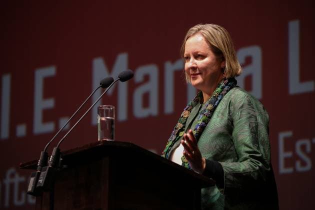 November 4, 2025, Cottbus, Brandenburg, Germany: Ambassador of Estonia, MARIKA LINNTAM (C), speaks during the opening ceremony of the 35th FilmFestival Cottbus (FFC) at the Staatstheater Cottbus, one of the leading events dedicated to Eastern European cinema. The 2025 edition runs from November 4 to 9, presenting around 140 films from more than 40 countries. Held in Cottbus, a bilingual German-Sorbian city near the Polish border, the festival brings together filmmakers, industry representatives, and audiences to celebrate cultural diversity and promote Central and Eastern European cinema. Cottbus Germany - ZUMAf146 20251104_zip_f146_018 Copyright: xRouzbehxFouladix