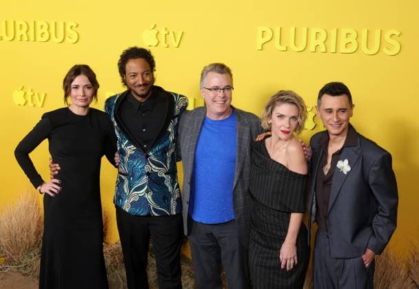 Karolina Wydra, Samba Schutte, Vince Gilligan, Rhea Seehorn and Carlos Manuel Vesga attend the world premiere of the Apple TV series Pluribus at the DGA Theater on Tuesday, November 4, 2025. Pluribus will make its global debut on Apple TV with its first two episodes on Friday, November 7, 2025, followed by new episodes every Friday through December 26. Storyline: The most miserable person on Earth must save the world from happiness.  LAP20251104854 GREGxGRUDT