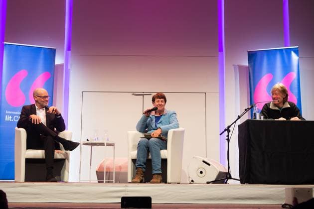 Lit.Cologne Special Edition Simon Beckett, an English author, Margarete von Schwarzkopf, a German journalist, and Gerd Koster, a German singer, are seen on the stage of Flora Hall in Cologne, Germany, on November 5, 2025, during the lit.cologne special edition Cologne Germany  Copyright: xYingxTangx originalFilename: tang-notitle251105_npfxO.jpg