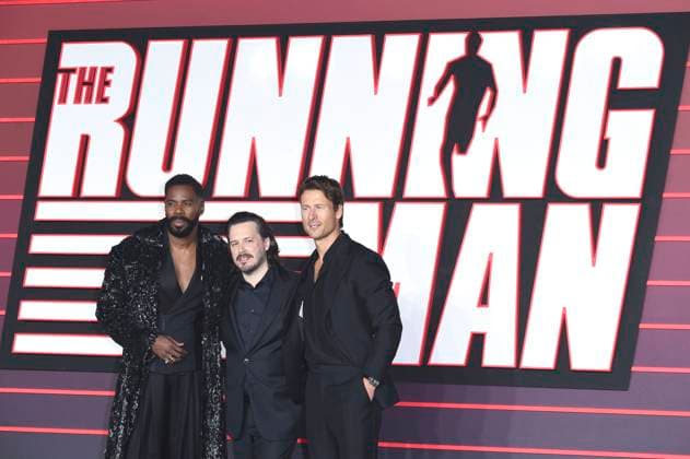 Colman Domingo, Edgar Wright and Glen Powell at the premiere of the movie The Running Man at the Odeon Luxe Leicester Square London, 05 11 2025 Foto:xS.xVasx xFuturexImagex running_5220