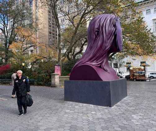 November 6, 2025, New York, New York, USA: A view of the public sculpture First Sun by Kuwaiti artist Monira Al Qadiri seen on display in Central Park, at the Doris C. Freedman Plaza. The 17-foot-tall painted aluminum sculpture is inspired by the ancient Egyptian deity Khepri reimaged as a contemporary monument. New York USA - ZUMAk03_ 20251106_zaf_k03_051 Copyright: xNancyxKaszermanx
