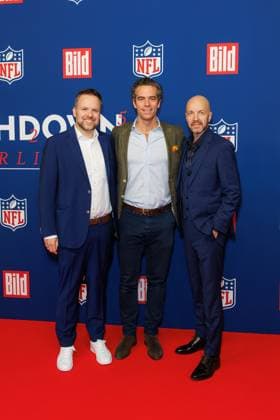 Reception BILD NFL TOUCHDOWN BERLIN Maik Brodowski, Benedikt Färber and Michael Müller at the BILD TOUCHDOWN BERLIN National Football League reception, on the occasion of the first regular season game of the NFL teams Indianapolis Colts vs Atlanta Falcons on 07 11 2025 at the Axel Springer Hochhaus in Berlin Copyright: xEventpressxKochanx