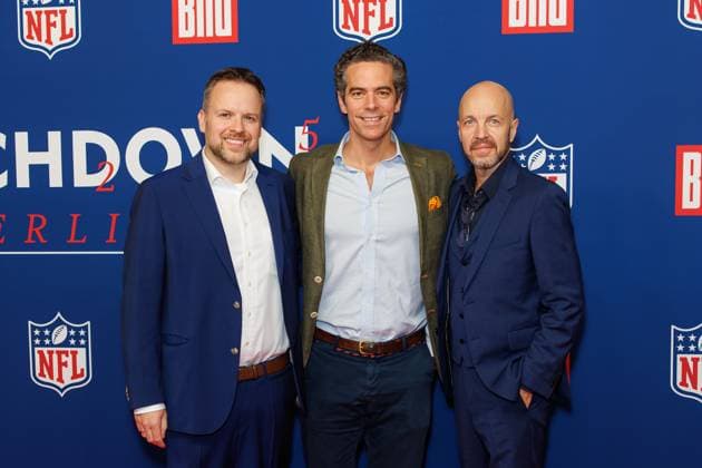 Reception BILD NFL TOUCHDOWN BERLIN Maik Brodowski, Benedikt Färber and Michael Müller at the BILD TOUCHDOWN BERLIN National Football League reception, on the occasion of the first regular season game of the NFL teams Indianapolis Colts vs Atlanta Falcons on 07 11 2025 at the Axel Springer Hochhaus in Berlin Copyright: xEventpressxKochanx