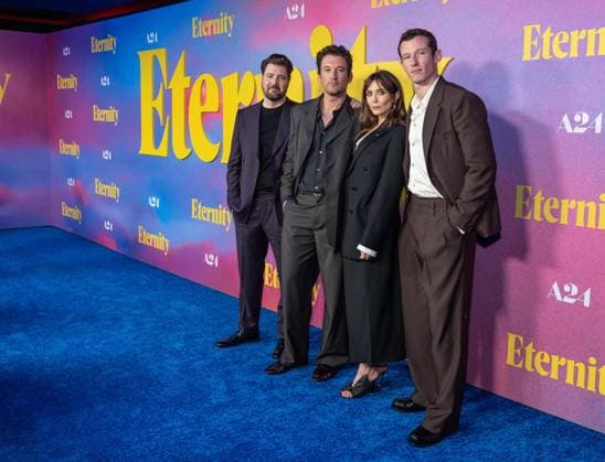 November 8, 2025, Bronx, New York, USA: David Freyne, Miles Teller, Elizabeth Olsen and Callum Turner attend Eternity premiere at Regal Union Square in New York, NY on November 8, 2025. Bronx USA - ZUMAr339 20251108_znp_r339_068 Copyright: xLevxRadinx
