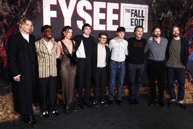 Netflix FYSEE: The Fall Edit - Stranger Things Season 5 FYC Event English actor and singer Jamie Campbell Bower, American actor, singer, and dancer Caleb McLaughlin, British actress and producer Millie Bobby Brown, Canadian actor, musician, director, and recording artist Finn Wolfhard, American actor and singer Gaten Matarazzo, Canadian-American actor and entrepreneur Noah Schnapp, Canadian-American director, producer, actor, and founder of 21 Laps Entertainment Shawn Levy, American producer Ross Duffer and American writer, director, and producer Matt Duffer arrive at the Netflix FYSEE: The Fall Edit - Stranger Things Season 5 FYC (For Your Consideration) Event held at the Netflix Tudum Theater in Hollywood, Los Angeles, California, Uni  Copyright: xImagexPressxAgencyx originalFilename: collin-netflixf251109_npKNw.jpg