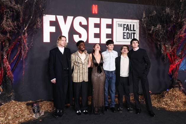 Netflix FYSEE: The Fall Edit - Stranger Things Season 5 FYC Event English actor and singer Jamie Campbell Bower, American actor, singer, and dancer Caleb McLaughlin, British actress and producer Millie Bobby Brown, Canadian-American actor and entrepreneur Noah Schnapp, American actor and singer Gaten Matarazzo and Canadian actor, musician, director, and recording artist Finn Wolfhard arrive at the Netflix FYSEE: The Fall Edit - Stranger Things Season 5 FYC (For Your Consideration) Event held at the Netflix Tudum Theater in Hollywood, Los Angeles, California, United States. Netflix Tudum Theater, Hollywood, Los Angeles, California, USA California United States  Copyright: xImagexPressxAgencyx originalFilename: collin-netflixf251109_npqc5.jpg