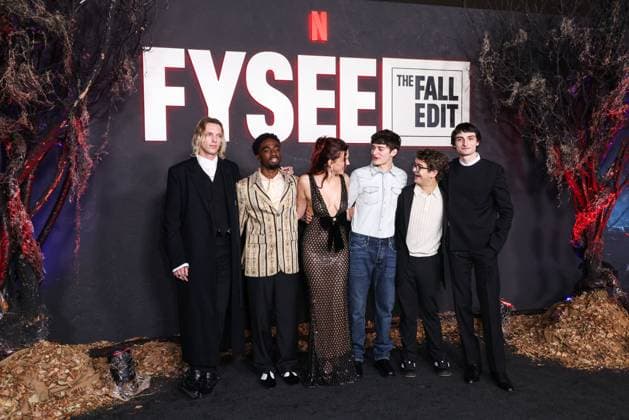 Netflix FYSEE: The Fall Edit - Stranger Things Season 5 FYC Event English actor and singer Jamie Campbell Bower, American actor, singer, and dancer Caleb McLaughlin, British actress and producer Millie Bobby Brown, Canadian-American actor and entrepreneur Noah Schnapp, American actor and singer Gaten Matarazzo and Canadian actor, musician, director, and recording artist Finn Wolfhard arrive at the Netflix FYSEE: The Fall Edit - Stranger Things Season 5 FYC (For Your Consideration) Event held at the Netflix Tudum Theater in Hollywood, Los Angeles, California, United States. Netflix Tudum Theater, Hollywood, Los Angeles, California, USA California United States  Copyright: xImagexPressxAgencyx originalFilename: collin-netflixf251109_npwFf.jpg