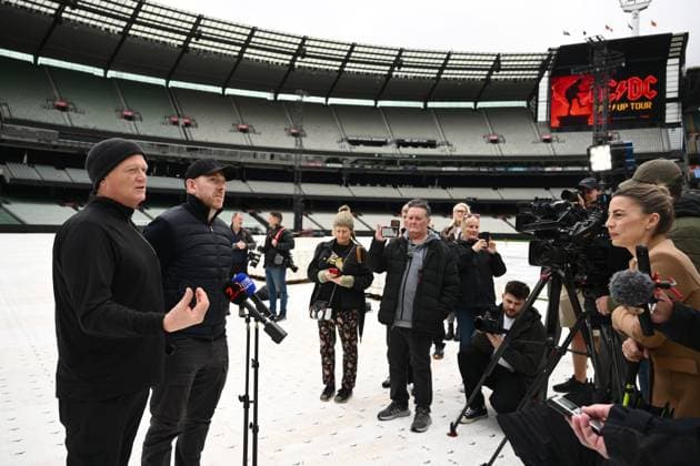 ACDC CONCERT STAGING, Roadie Dale Skjerseth (left) and AC DC head of production Will Keating speak to media with staging ahead of a concert by Australian rock band AC DC at the MCG, in Melbourne, Tuesday, November 11, 2025. ( NO ARCHIVING MELBOURNE VICTORIA AUSTRALIA  Copyright: xJOELxCARRETTx 20251111197506809601