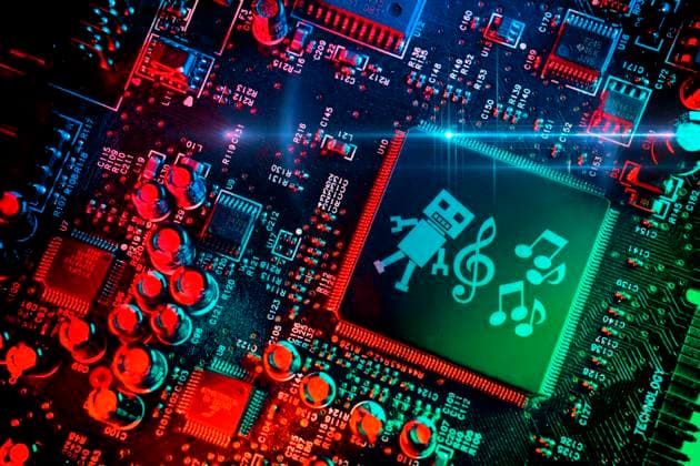 PHOTOMONTAGE, computer chip with robot figure, sheet music and clef, symbolic photo for the use of music and lyrics by artificial intelligence ** NUR FUER REDAKTIONELLE ZWECKE ** EDITORIAL USE ONLY **