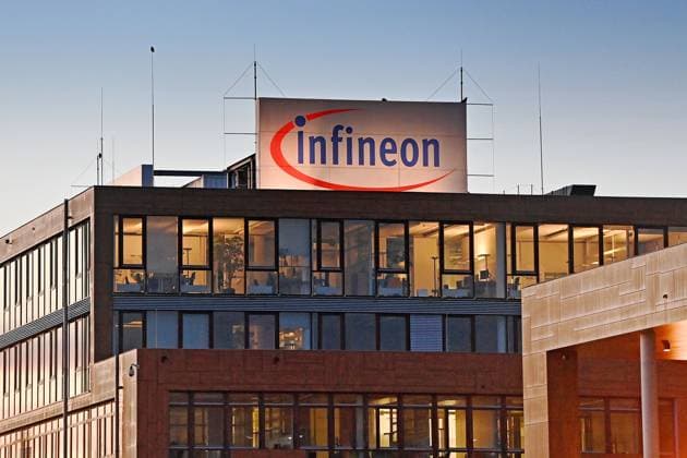 Campeon,Headquarters of Infineon AG in Neubirberg Exterior view of headquarters,Group headquarters Infineon logo,Company emblem, Annual press conference INFINEON Technologies AG on 12 11 2025 in Neubiberg