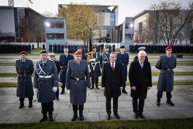 Berlin, central event 70 years of the Bundeswehr Ceremonial pledge as a central event of the Federal Minister of Defense Boris Pistorius SPD on 12 11 2025 on the occasion of 70 years of the Bundeswehr in front of the Federal Chancellery in Berlin In the picture Federal President Frank Walter Steinmeier, Boris Pistorius and Berlin Berlin Germany
