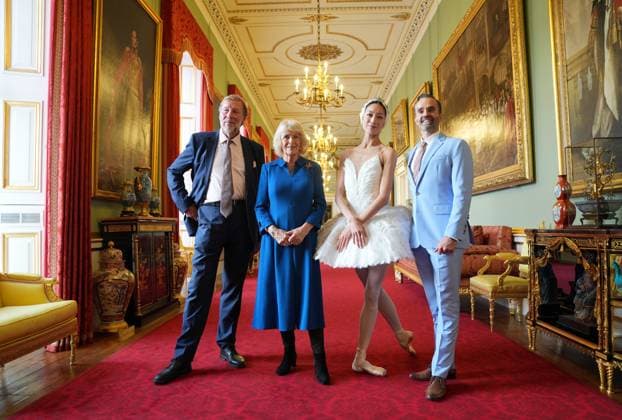 English National Ballet reception (left-right) Sir Rupert Gavin, Chair of English National Ballet, Queen Camilla, Patron of the English National Ballet, ballerina Sangeun Lee, and Aaron Watkin, Artistic director of the English National Ballet during a reception with staff, dancers, and supporters to celebrate the company s 75th anniversary and recognise the heritage, innovative creation of new works, and their learning and engagement programme, at Buckingham Palace in central London. Picture date: Wednesday November 12, 2025., Credit:Yui Mok Avalon UK, London  Copyright: xYuixMokx xAvalonx 1052047516
