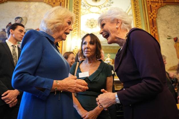English National Ballet reception Queen Camilla, Patron of the English National Ballet, speaks with Arlene Phillips and Angela Rippon during a reception with staff, dancers, and supporters to celebrate the company s 75th anniversary and recognise the heritage, innovative creation of new works, and their learning and engagement programme, at Buckingham Palace in central London. Picture date: Wednesday November 12, 2025., Credit:Yui Mok Avalon UK, London  Copyright: xYuixMokx xAvalonx 1052047669