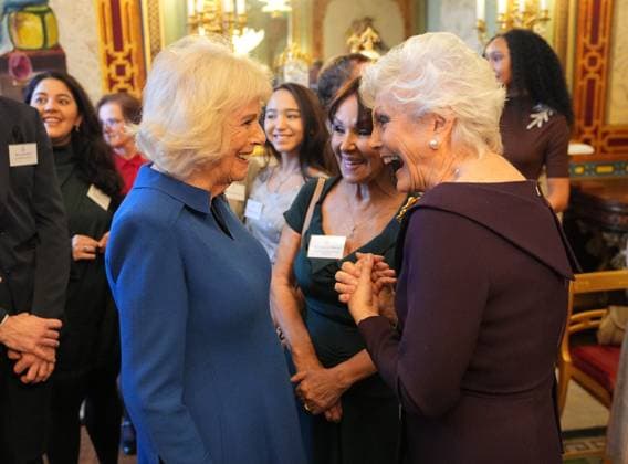 English National Ballet reception Queen Camilla, Patron of the English National Ballet, speaks with Arlene Phillips and Angela Rippon during a reception with staff, dancers, and supporters to celebrate the company s 75th anniversary and recognise the heritage, innovative creation of new works, and their learning and engagement programme, at Buckingham Palace in central London. Picture date: Wednesday November 12, 2025., Credit:Yui Mok Avalon UK, London  Copyright: xYuixMokx xAvalonx 1052047686