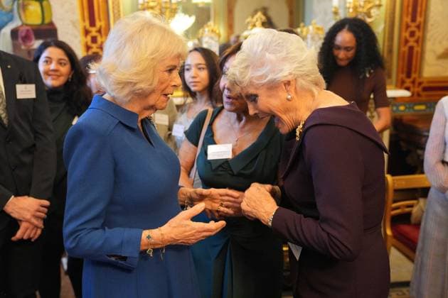 English National Ballet reception Queen Camilla, Patron of the English National Ballet, speaks with Arlene Phillips and Angela Rippon during a reception with staff, dancers, and supporters to celebrate the company s 75th anniversary and recognise the heritage, innovative creation of new works, and their learning and engagement programme, at Buckingham Palace in central London. Picture date: Wednesday November 12, 2025., Credit:Yui Mok Avalon UK, London  Copyright: xYuixMokx xAvalonx 1052047733