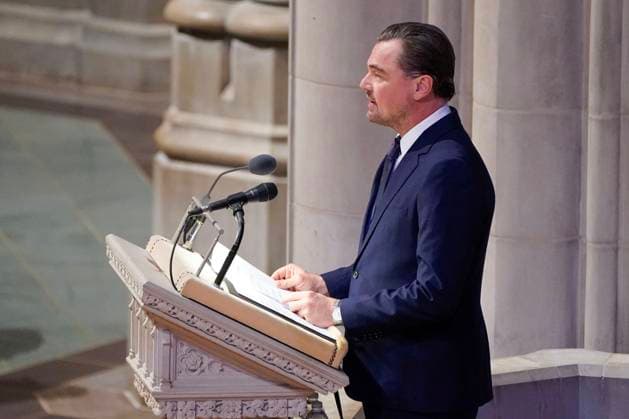 Actor and activist Leonardo DiCaprio delivers a tribute to Dr. Jane Goodall, DBE during a celebration and thanksgiving for life event at the Washington National Cathedral on Wednesday, November 12, 2025 in Washington DC.  WAP20251112905 LeighxVogel