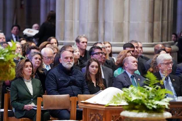Attendees including Representative Nancy Pelosi (D-CA), chef Jose Andres, Senator Chris Coons (D-DE), Francis S. Collins, former director NIH, attend a tribute to Dr. Jane Goodall, DBE during a celebration and thanksgiving for life event at the Washington National Cathedral on Wednesday, November 12, 2025 in Washington DC.  WAP20251112922 LeighxVogel