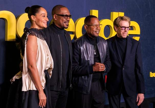 November 12, 2025, Los Angeles, California, USA: (L-R) Tracee Ellis Ross, Eddie Murphy, Martin Lawrence and Jerry Bruckheimer at the Netflix Being Eddie Premiere held on Wednesday November 12, 2025 at the Netflix Tudum Theater in Los Angeles, California. JAVIER ROJAS PI Los Angeles USA - ZUMAp124 20251112_zaa_p124_025 Copyright: xJavierxRojasx
