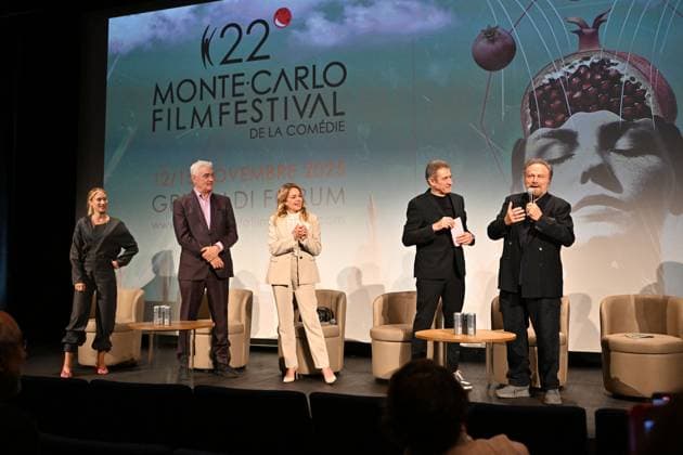 Teresa Riott, Daniel McVicar, Claudia Gerini, Ezio Greggio and Franco Nero Launch and presentation of the Jury of the 22nd Monte Carlo Festival de la Comédie at the Grimaldi Forum in Monaco, November 12, 2025 Ezio Greggio, the Festivals founder and president, introduced the members of the Jury and the films in competition on stage in the Salle Camille Blanc at the Grimaldi Forum Actress Claudia Gerini, is President of the Jury, Franco Nero, Honorary President, Teresa Riott and Daniel McVicar make up this cinematic quartet. The Festivals aim is to promote and enhance the different genres of comedy through film premieres, Thanks to the commitment of Ezio Greggio and the late Mario Monicelli, co-founder of the event, comedy has gained a new a  Copyright: xBrunoxBebertx xBestimagexBrunoxBebertx xBestimagex