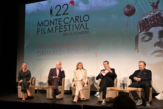Teresa Riott, Daniel McVicar, Claudia Gerini, Ezio Greggio and Franco Nero Launch and presentation of the Jury of the 22nd Monte Carlo Festival de la Comédie at the Grimaldi Forum in Monaco, November 12, 2025 Ezio Greggio, the Festivals founder and president, introduced the members of the Jury and the films in competition on stage in the Salle Camille Blanc at the Grimaldi Forum Actress Claudia Gerini, is President of the Jury, Franco Nero, Honorary President, Teresa Riott and Daniel McVicar make up this cinematic quartet. The Festivals aim is to promote and enhance the different genres of comedy through film premieres, Thanks to the commitment of Ezio Greggio and the late Mario Monicelli, co-founder of the event, comedy has gained a new a  Copyright: xBrunoxBebertx xBestimagexBrunoxBebertx xBestimagex