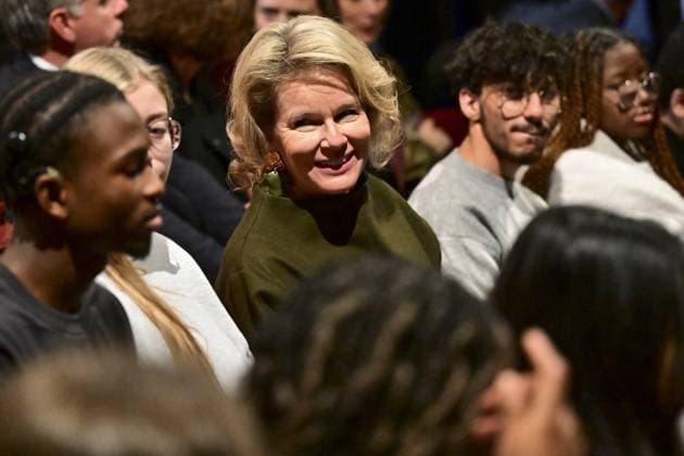 Queen Mathilde of Belgium pictured during a royal visit to the Foxfinder play for deaf and hard of hearing students of the Institut Royal pour Sourds et Aveugles (IRSA) school in Brussels on Thursday 13 November 2025.  DIRKxWAEM 141329352