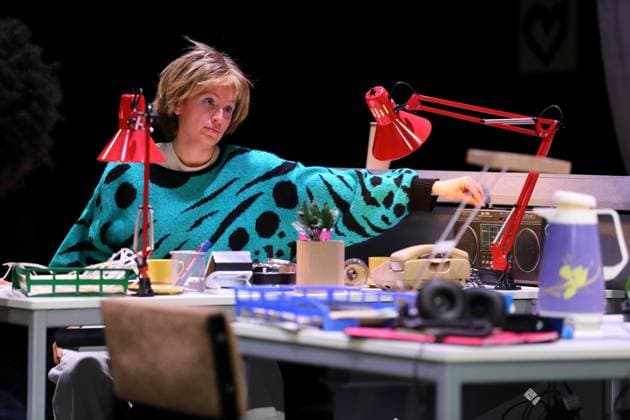 Ilona Raytman during the photo rehearsal for On Air On Fire at Theater an der Parkaue in Berlin, 13 November 2025 A docufictional journey through time by Marion Brasch Directed by Alexander Riemenschneider Stage and costumes by Maria Alice Bahra Premiere is on 16 November 2025 Theater an der Parkaue Berlin On Air On Fire