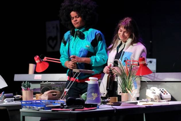 Theresa Henning and Elisabeth Heckel, from left, during the photo rehearsal for On Air On Fire at the Theater an der Parkaue in Berlin, 13 November 2025 A docufictional journey through time by Marion Brasch Directed by Alexander Riemenschneider Stage and costumes by Maria Alice Bahra Premiere is on 16 November 2025 Theater an der Parkaue Berlin On Air On Fire