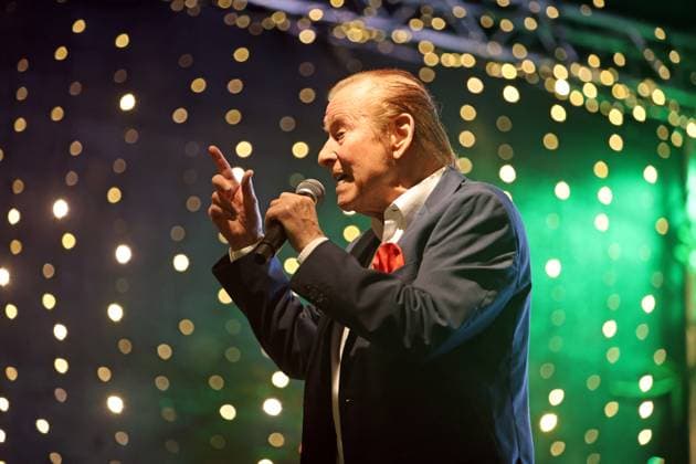 German music legends Born on July 29, 1943, Lothar Bernhard Walter, who achieved great success as a pop singer and film actor under his stage name Michael Holm, sings on a stage in Essen Steele at the local Christmas market in the run-up to Christmas Essen North Rhine-Westphalia Germany Steele