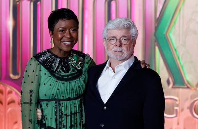 Mellody Hobson and George Lucas arrive on the red carpet at the Wicked: For Good! New York Premiere at David Geffen Hall, Lincoln Center on Monday, November 17, 2025 in New York City  NYP20251117147 JOHNxANGELILLO