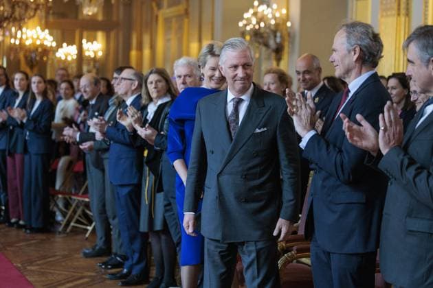 Queen Mathilde of Belgium and King Philippe - Filip of Belgium arrive for a royal reception for people who have been bestowed with the grace of nobility, on Tuesday 18 November 2025, at the Royal Palace in Brussels.  NICOLASxMAETERLINCK 142421326