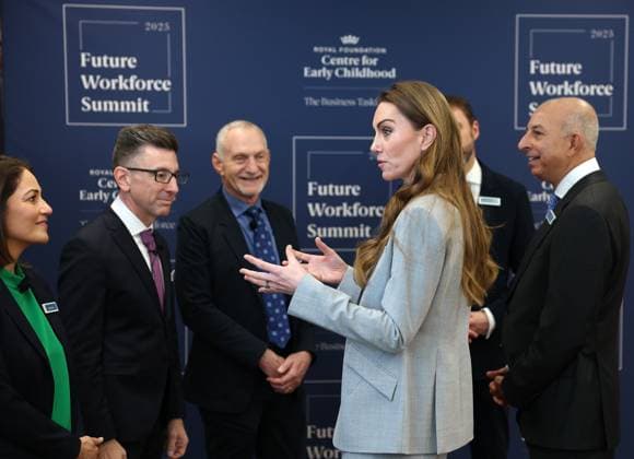 Future Workforce Summit Britain s Catherine, Princess of Wales (3R) talks with British journalist and broadcaster Mishap Hussein (L), Yale Professor Marc Brackett (2L) and Harvard medical school professor Robert Waldinger (C), as she attends the The Future Workforce Summit, hosted by The Royal Foundation Business Taskforce for Early Childhood, in London on November 18, 2025. The Summit is set to bring together the UK s most influential business leaders in the hope of driving further action and investment in the early years., Credit:ADRIAN DENNIS Avalon United Kingdom, London  Copyright: xADRIANxDENNISx xAvalonx 1053114437