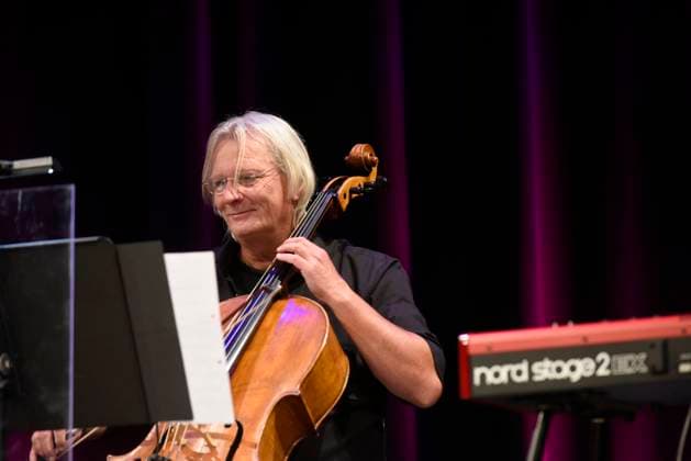 Matthias Wagner born 1962 in Leipzig plays violoncello at the concert of his Landstreicher with Dieter Maschine Birr at the Kultur und Festspielhaus in Wittenberge