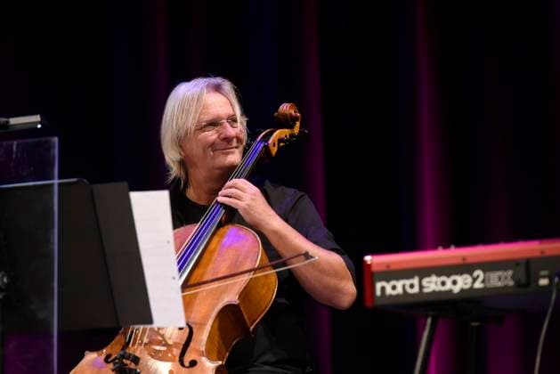 Matthias Wagner born 1962 in Leipzig plays violoncello at the concert of his Landstreicher with Dieter Maschine Birr at the Kultur und Festspielhaus in Wittenberge