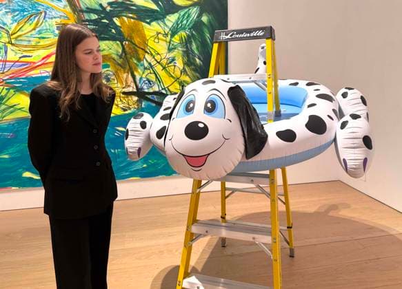 November 18, 2025, New York, New York, USA: A woman looks at Ã¢â‚¬ËœDogpool LadderÃ¢â‚¬â ¢ by artist Jeff Koons, estimate $750,000 -$1 million, seen on display at the press preview for Marquee Week Fall 2025 Modern and Comtempory Art held at Phillips Auction House New York. New York USA - ZUMAk03_ 20251118_zaf_k03_113 Copyright: xNancyxKaszermanx