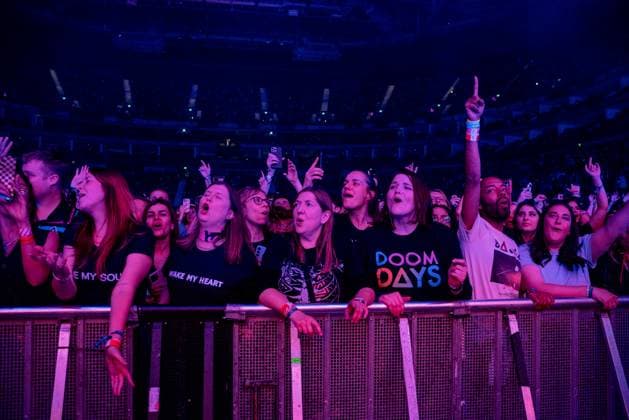 Crowds of fans seen cheering and singing along watching the band Bastille live on stage. Bastille Performed at London O2 Arena UK as the last night of their From All Sides Songs from the First 15 years, UK Tour on 18th November 2025 Bastille are Dan Smith, Will Farquarson, Kyle Simmons and Chris Wood, The Band Bastille was also joined by guest touring musicians. London United Kingdom Copyright: xBonniexBritainx xSOPAxImagesx BAS09613