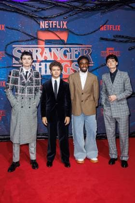 Stranger Things 5 fan event Finn Wolfhard, Gaten Matarazzo, Caleb McLaughlin and Noah Schnapp at the Netflix Stranger Things season 5 fan event at Tempelhof Airport Hangar 7 on 18 11 2025 in Berlin Copyright: xEventpressxKochanx