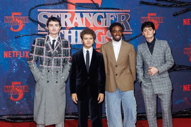 Stranger Things 5 fan event Finn Wolfhard, Gaten Matarazzo, Caleb McLaughlin and Noah Schnapp at the Netflix Stranger Things season 5 fan event at Tempelhof Airport Hangar 7 on 18 11 2025 in Berlin Copyright: xEventpressxKochanx