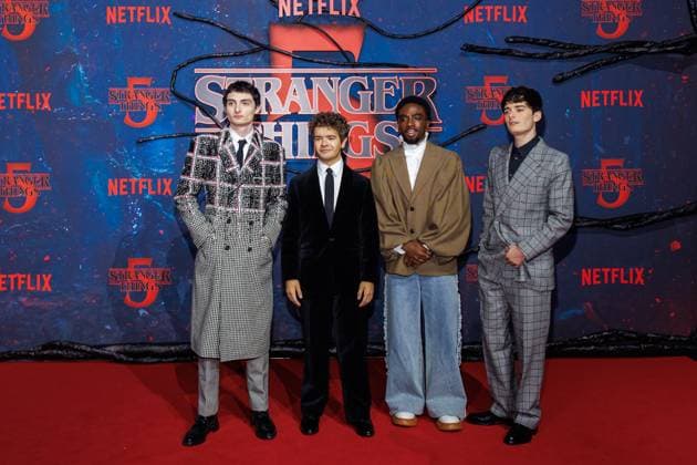 Stranger Things 5 fan event Finn Wolfhard, Gaten Matarazzo, Caleb McLaughlin and Noah Schnapp at the Netflix Stranger Things season 5 fan event at Tempelhof Airport Hangar 7 on 18 11 2025 in Berlin Copyright: xEventpressxKochanx
