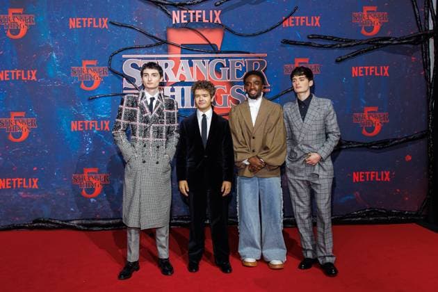 Stranger Things 5 fan event Finn Wolfhard, Gaten Matarazzo, Caleb McLaughlin and Noah Schnapp at the Netflix Stranger Things season 5 fan event at Tempelhof Airport Hangar 7 on 18 11 2025 in Berlin Copyright: xEventpressxKochanx