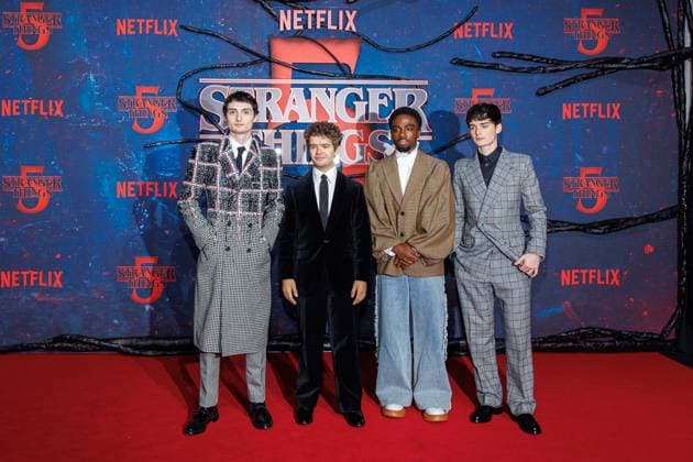 Stranger Things 5 fan event Finn Wolfhard, Gaten Matarazzo, Caleb McLaughlin and Noah Schnapp at the Netflix Stranger Things season 5 fan event at Tempelhof Airport Hangar 7 on 18 11 2025 in Berlin Copyright: xEventpressxKochanx
