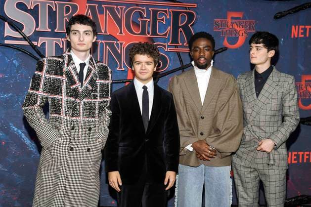 abb Finn Wolfhard, Gaten Matarazzo, Caleb McLaughlin and Noah Schnapp as guests on the red carpet at the big fan event with screening of the Netflix series STRANGER THINGS 5 at Tempelhof Airport on 18 11 2025 in Berlin Berlin Germany