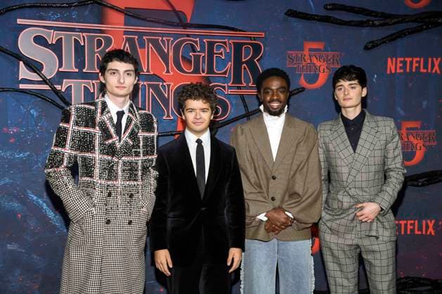 abb Finn Wolfhard, Gaten Matarazzo, Caleb McLaughlin and Noah Schnapp as guests on the red carpet at the big fan event with screening of the Netflix series STRANGER THINGS 5 at Tempelhof Airport on 18 11 2025 in Berlin Berlin Germany