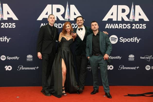November 19, 2025: NED JANKOVIC, EMMY MACK, CRAIG WILKINSON and ALEX POWYS of REDHOOK attends the 2025 ARIA Awards at the Hordern Pavilion on November 19, 2025 in Sydney, NSW Australia - ZUMAa155 20251119_aaa_a155_102 Copyright: xChristopherxKhouryx