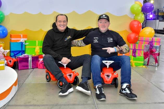 abb presenter Wolfram Kons and Joey Kelly musician athlete in the Bobbycar slide cars in the RTL studio at the photo session for the 24 hour charity birthday challenge 30th birthday of the RTL Spendenmarathon wir helfen Kindern bei RTL Deutschland on 19 11 2025 in Cologne Deutz NRW Germany